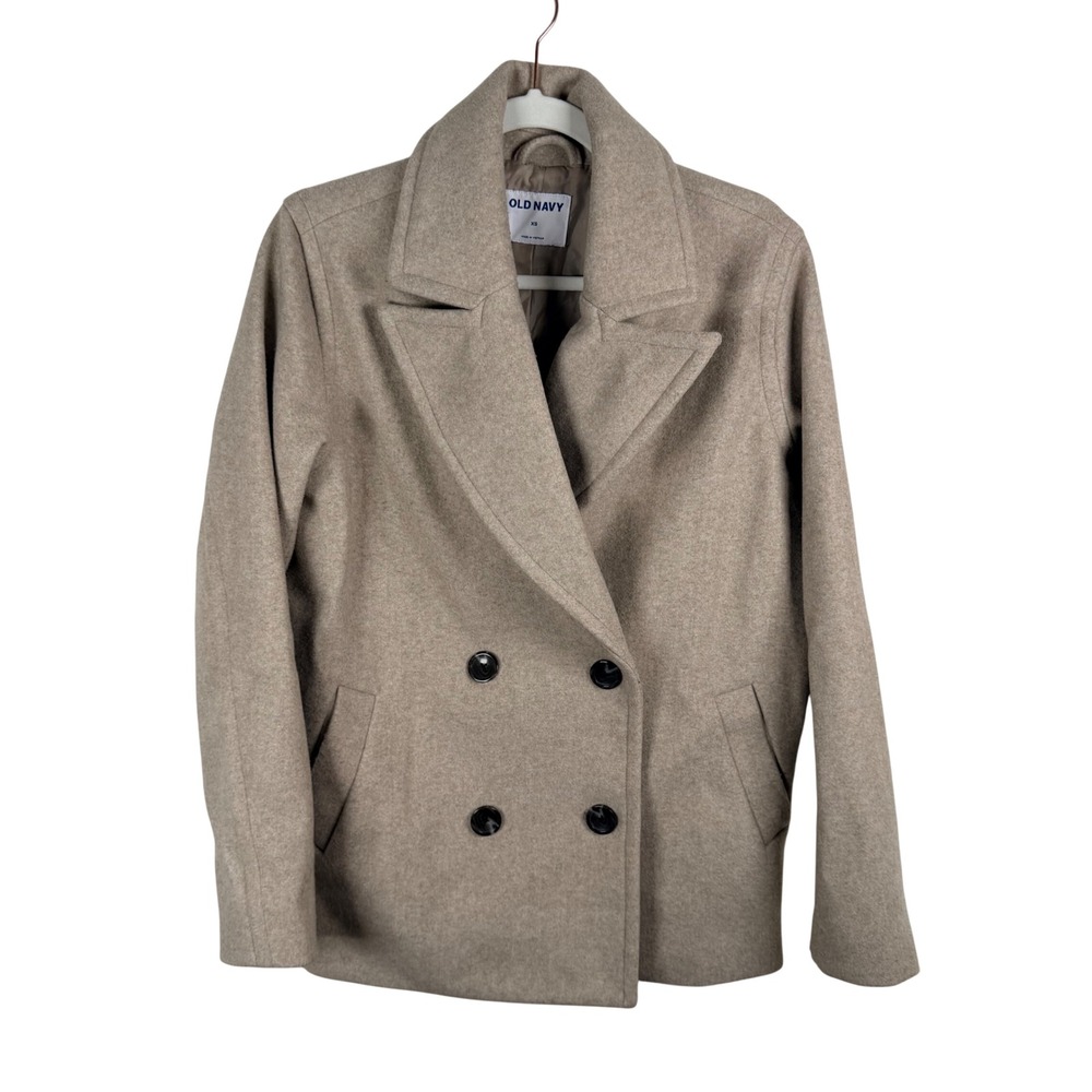 Old Navy Womens XS Tan Oatmeal Double Breasted Oversized Brushed Pea Coat Jacket